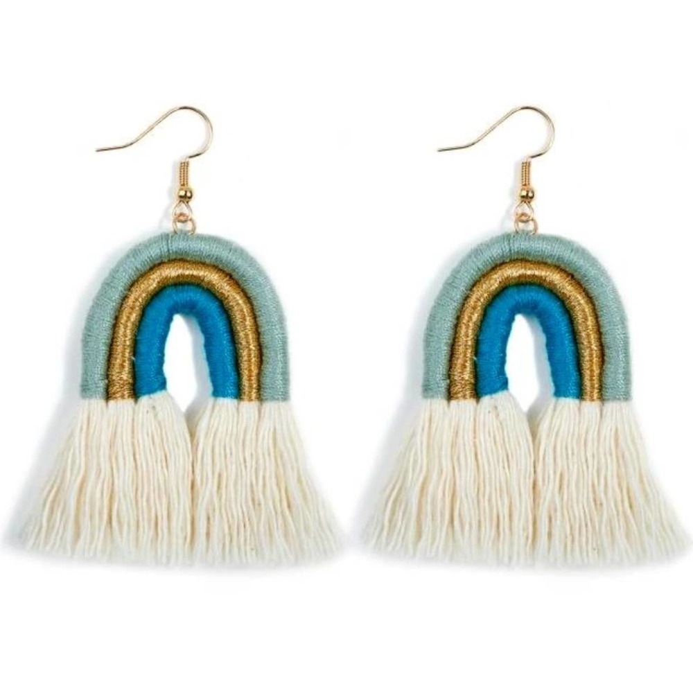 Sage/Gold/Turquoise/Cream BOHO‎ Rainbow Tassel Fishhook Earrings